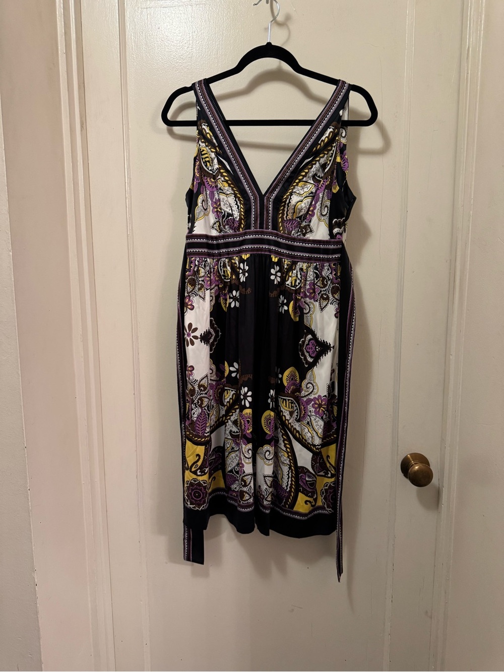 Sleeveless Black Floral Midi Dress with Purple & Yellow Accents